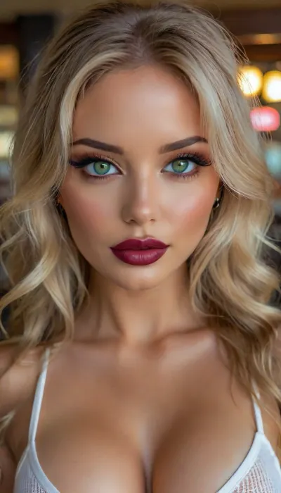(Masterpiece), (high quality), (Realistic), (full body view:1.5), (RAW analog-style), (Full-Color Positive Film), (intricate details:1.2), (film grain:1.2), (vibrant colors:1.2), Inside Hooters bar and grill, hot 22 year old latina waitress, beautiful oval face, tanned, (super long wavy blonde hair), lushious platinum hair, large breasts, perfect breasts, 6-pack abs, wasp waist, full lips, wearing a super tight wet-look waitress top, wet look choker, cleavage, (professional make up job, eyeliner, blush, mascara), dark red lipstick, very long false eyelashes, detailed green eyes, firm body, fit body, smooth skin, pefect eyes, perfect teeth, painted fingernails, highly detailed body and face, highly detailed background, green, eyes, blue, brown, perfecteyes, 4ng3l face, but, <lora:PerfectEyesXL:.8>, <lora:SDXL_BetterFaces-LoRA_v1:.8>, <lora:DetailedEyes_V3:.8>, <lora:BUT_SDXL_SHS:.8>, <lora:attractive_notrigger:.8>