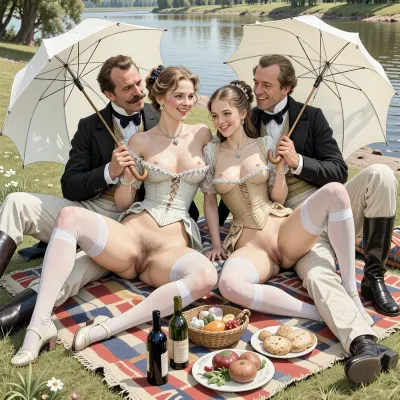This is a detailed monochromatic pencil drawing in a classical illustrative style depicts a scene set in Russian Empire in 1860s, .bright, colorful colors, top view, (warm ambient light:.5), (shadows:.4), Summer, heat, south, 2 very beautiful noble women, ((1 very beautiful noble milf 35 years old, The Countesse+ nice cute younger noble girl 18 years old)), (both are different with elegant hairstyles, corsets with open tits and white silk stockings, shoes, with umbrellas in their handse), ((They both sitting on river beach)), ((woman's and girl's are legs apart, woman's hairy pubic and hairy labia are visible)), ((girl's hairy pubic and hairy labia are visible)), smiles, (A mischievous smile on faces), 2 Dapper moustaches guys Fully dressed like the dandies of that era hug them with laughter, a rug with food and bottles of wines for a picnic is spread out on the grass in front of the whole company. view from below, perfect fingers, perfect anatomy, (woman's body and girl's body), 1woman+1girl+ 2guys, The overall mood is intense, rendered in fine, expressive line work and subtle shading, evoking the style of 1950s satirical or moralistic illustrations.