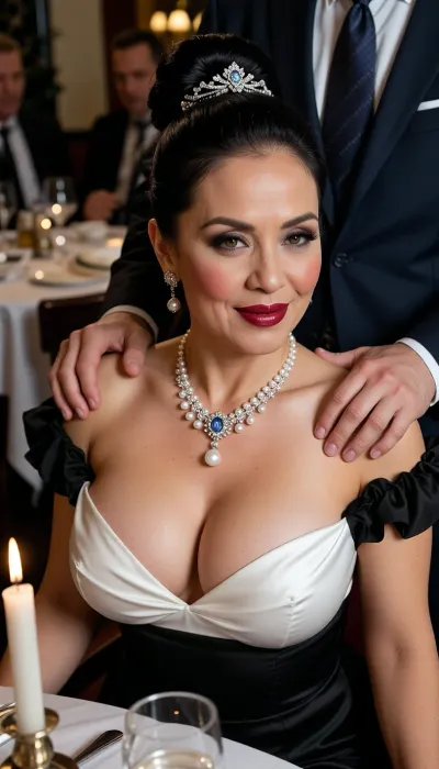 (A beautiful athletic and sophisticated 48yo 1/4th Asian French lawyer and total cumslut sitting in a crowded restaurant:2), black hair in a bun with elaborate silver hair jewelry, (spectacular gigantic high round broad-rooted perky tits filling a white satin lined black off-shoulder frilly evening dress:.001), (long elaborate pearl jewelry drawing attention to deep v-shaped neckline:.001), professional makeup with thick foundation, rouge on cheeks, smokey eye, plump lips, dark red glossy lips, blushed, flushed, high cheekbone, ultrafeminine triangular face, large chin, long thin aquiline nose, long neck, (eye contact), flirting, come hither look ---
charmed, (impressed:3), relaxed, having fun, seductive smile, ---, (very close view from slightly above), ---
A man wearing a formal suit standing behind the woman, his big strong hands are placed on her naked shoulders, indicating possession---
low light, candlelight, cinematic chiaroscuro masterpiece, soft shadows, UHD, 8k, RAW, insane details, focus on face, shallow depth of field