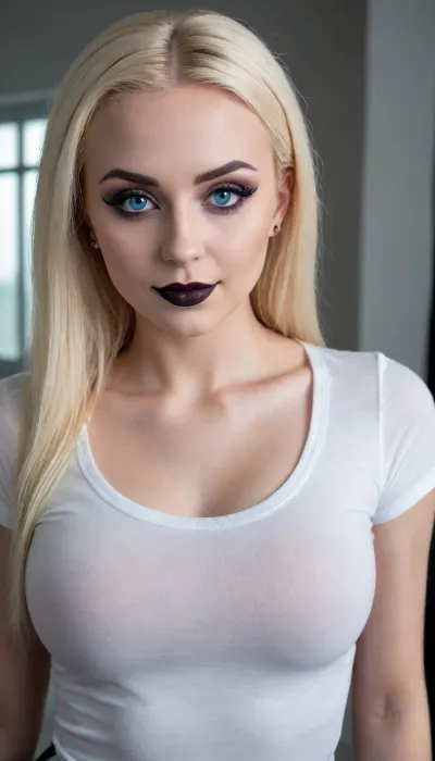 best quality, 8k, detailed, a photo of Russian 20yo goth fitness model, blonde hair, (Large eyes:1), (goth makeup:1.6), slender, (tight fitted wet t-shirt:1.5), arched eyebrows, (huge breasts:.1), perfect smile, (blue eyes:1.5), solo, sharp body, sexy, full body pov, (intense blushing), large, breasts, big, boobs, huge, <lora:bombshell_v2:.5>, <lora:Ann8:2>, <lora:Test_-_wet_women_-_based_on_generated_images:.8>