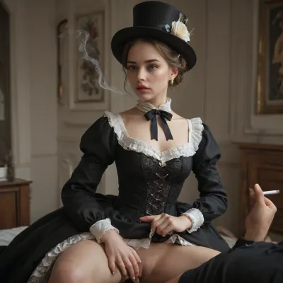woman is on top of a man fucking him, straddling him, she is wearing a black and lace pushup Victorian riding habit and Victorian riding top hat, (she is French inhaling an all white cigarette in a cigarette holder), her hands are squeezing het tits, <lora:Smoking_Babes_XL_V2:.8>