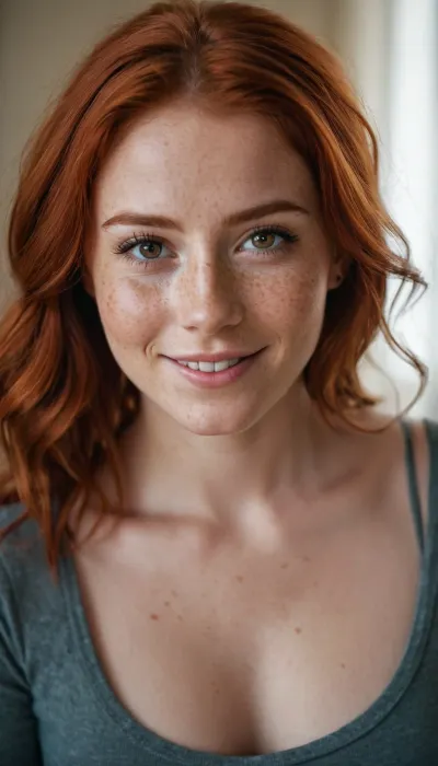 25 year old red haired girl. Big dark brown eyes. Lots of freckles. Face only. Beautiful smile.