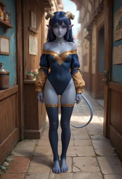 (Full body view:2), solo, tiefling girl, masterpiece, best quality, 1girl, jesterlavorre, blue hair, purple eyes, freckles, (blue skin:2), colored skin, (horns:1), cute face, pointy ears, smile, looking at viewer, off-shoulder and off-legs bodysuit, one-piece bodysuit, wears a thin bodysuit, wears black stockings, green, eyes, blue, brown, perfecteyes, 4ng3l, face, <lora:add-detail-xl:2>, <lora:detailed_notrigger:2>, <lora:PerfectEyesXL:2>, <lora:SDXL_BetterFaces-LoRA_v1:2>
