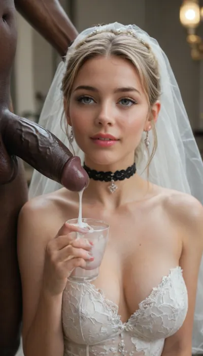 interracial, bbc, very large black penis, happy tanned blonde bride in sexy wedding dress, black choker, cum driping from black penis, drinking sperm from transparent cup, there is glossy and sticky sperm in cup, cup full of sperm, cum swallowing, ((gokkun)), cum dripping from the corners of her lips, concept, futuristic, perfect Hands, beautiful, masterpiece