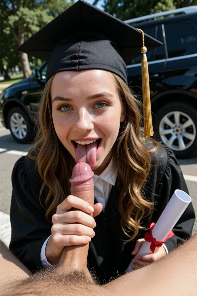 photorealistic hardcore POV, low angle looking up, young European female university graduate, solo female subject, long wavy honey-brown hair parted center falling over shoulders, bright green eyes looking directly at viewer, fair skin with faint freckles across nose and cheeks, natural makeup, bright open-mouth smile mid blowjob, long tongue fully wrapped around member, glossy lips, black graduation mortarboard cap with gold tassel, full black academic gown, white blouse collar open underneath, right hand gripping base of penis with perfect hand anatomy, left hand holding white diploma scroll with red ribbon, foreground hairy male thigh, outdoor graduation ceremony, black SUV parked behind, green trees, sunny natural daylight, harsh direct sunlight with strong facial shadows, skin pores visible, saliva detail, wet tongue, ultra sharp focus, photorealistic skin texture, film grain, intricate fabric folds on gown, high detail