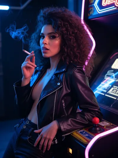 wide shot, 1woman leaning against a neon-lit arcade machine, wearing a leather jacket, cigarette smoke, cinematic dim futuristic lighting, 1980s retro photo with neon and big hair