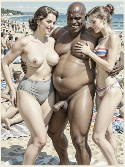 This is is a detailed monochromatic pencil drawing in a classical illustrative style depicts a scene set in USSR in 1960s, bright, colorful colors, A crowded beach, summer, bright sunshine, Russian married curvy woman milf in swimsuit and Russuan beautiful nice skinny girl in swimsuit, 2 African obese ugly bald old men with big flaccid dicks, a vulgar smiles, marginalugly African old men mocking, African old men hug them and give women vulgar hints about sex, Very good quality, The overall mood is intense, rendered in fine, expressive line work and subtle shading, evoking the style of 1950s satirical or moralistic illustrations.