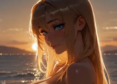 1girl, in the ocean at the beach. Sunset, warm glow of the sun reflecting off the water, Standing in Chest deep water, Kelli, ______1girl, smiling, naked shoulders, breasts just starting to show above the water, side view, head focus, long golden blonde hair, detailed face, big innocent eyes, blue eyes, looking at viewer, naughty face, blushing, sunset background, (incase:.8), masterwork, masterpiece, best quality, high detailed, light through hair, very aesthetic, 8k, flash on the girl., backlight, edge lighting. 1girl, solo, bangs, eye, focus, close-up, sparkle, looking, at, viewer, glowing, eyelashes, <lora:dark:.6>, <lora:Jeweled eyes-NAI:.9>, <lora:BUT_SDXL_SHS:1.7>, <lora:attractive_notrigger:1.6>, <lora:style_lora_realis:.8>