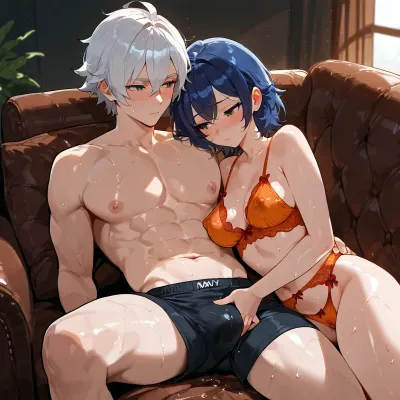 Belle, (1 short female, orange lingerie, short navy blue hair), and Wise, (1 tall male, black boxers, white hair), (from zenless zone zero), cuddling on the couch and masterbating each other, pale skin, green eyes, blushing, masturbating each other, perky nipples in bra, wet panties, looking away, couple cuddle, dark living room, old couch, soft lighting, masterpiece.