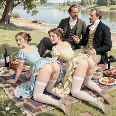 This is a detailed monochromatic pencil drawing in a classical illustrative style depicts a scene set in Russian Empire in 1860s, .bright, colorful colors, top view, (warm ambient light:.5), (shadows:.4), Summer, heat, south, 2 very beautiful noble women, ((1 very beautiful nice cute younger noble women 18 years old)), (both are different with elegant hairstyles, she are wearing in beautiful dresses with lift up hem, dresses style of the 19th century and long white silk stockings, shoes), women are smiles playfully, ((They both on all fours leaning on her elbows and lift the hems of their dresses above their waists, 2 different Dapper moustaches guys sitting Behind them on the river beach)), ((women's butts are visible)), 2 Dapper moustaches with goatees guys Fully dressed like the dandies of that era with laughter, men talk vulgarly to women about sex, a rug with food and bottles of wines for a picnic is spread out on the grass in front of the whole company. view from rear and below, perfect fingers, perfect anatomy, (woman's body and girl's body), 2girl+ 2guys, The overall mood is intense, rendered in fine, expressive line work and subtle shading, evoking the style of 1950s satirical or moralistic illustrations.
