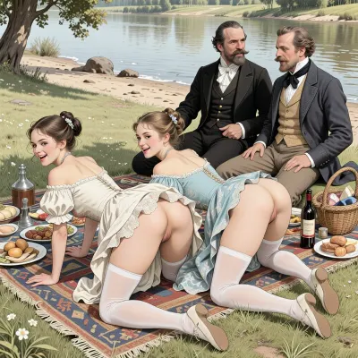 This is a detailed monochromatic pencil drawing in a classical illustrative style depicts a scene set in Russian Empire in 1860s, .bright, colorful colors, top view, (warm ambient light:.5), (shadows:.4), Summer, heat, south, 2 very beautiful noble women, ((1 very beautiful nice cute younger noble women 18 years old)), (both are different with elegant hairstyles, she are wearing in beautiful dresses with lift up hem, dresses style of the 19th century and long white silk stockings, shoes), women are smiles playfully, ((They both on all fours leaning on her elbows and lift the hems of their dresses above their waists, 2 different Dapper moustaches guys sitting Behind them on the river beach)), ((women's butts are visible)), 2 Dapper moustaches with goatees guys Fully dressed like the dandies of that era with laughter, men talk vulgarly to women about sex, a rug with food and bottles of wines for a picnic is spread out on the grass in front of the whole company. view from rear and below, perfect fingers, perfect anatomy, (woman's body and girl's body), 2girl+ 2guys, The overall mood is intense, rendered in fine, expressive line work and subtle shading, evoking the style of 1950s satirical or moralistic illustrations.