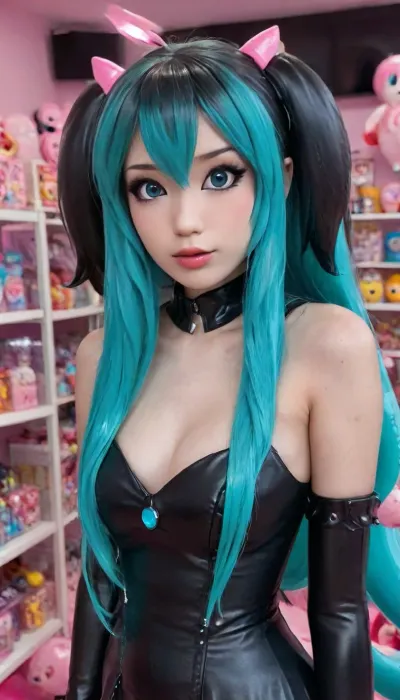 Emiru the twitch steamer in complete goth hatsune miku cosplay, goth makeup, half body in the shot, latex, matte, shiny, inflatable, Dollskill, hatsune_miku_\, (cosplay\), <lora:emiruXL:2>, <lora:Emiru (Celebrity) - XL:2>, <lora:shinylatex-merged:.8>, <lora:Dollskill_Downbeat_Spiked:.8>, hatsune, miku, <lora:Plastic_Miku_v1:.8>