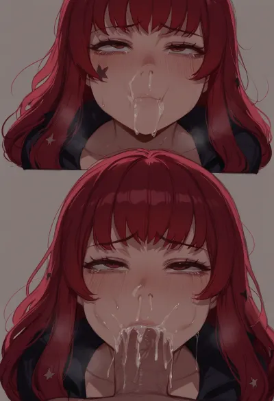 (ratatatat74 style), yunaka, aroused, flushed cheeks, tears, blowjob, puffy cheeks, throat bulge, cum in mouth, cum in nose, explosive cum, (simple background), <lora:ratatatat74-000050:2>