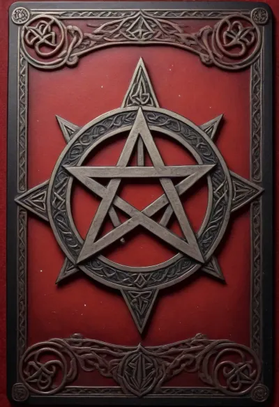 Tarot Card Style, misty red background, BLACK pentagram, sparkle, border black, celtic knot, masterpiece, official art, <lora:DUSK_XL_TAROTCARD_dadapt_cos_5e4:.8>