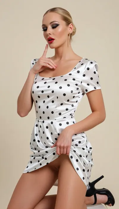 An early‑thirties tall blonde woman rendered in a glossy, high‑fashion editorial photograph, framed head to toe against a seamless ivory studio backdrop, her hair drawn back into a tight, immaculate high chignon at the rear of the head with every strand swept clean from the face, her features finished in full porn‑star glamour, the skin smoothed to a luminous porcelain matte, the cheekbones lifted with warm sculpted contour, the eyes heavily smoked in layered umber and charcoal shadow and fanned out into a sharp winged liner, the lashes thick and lacquered, a single dangling gold earring catching the light, the long neck arched, and the full mouth painted in a deep, glassy, glossy red, lips parted just enough to read as a soft, inviting pout, her body toned and clearly worked, with a defined, veined‑thin forearm, a sculpted deltoid, and a lean, corded calf showing through the stance, posed in three‑quarter profile to the left, the right elbow lifted so that the index and middle fingertips rest flat and deliberate against the lower lip and the point of the chin, the left arm reaching down and away with the fingers clamped into a gathered fistful of skirt fabric drawn out and flaring, the hips swayed to draw the round of the ass and the flare of the hips into the light, one long leg set forward with a soft, controlled knee bend and the other trailing back onto the ball of the foot, she wears a luxurious, lustrous silk‑woven dress in white strewn with all‑over black polka dots, the weave carrying an expensive, liquid sheen, the bodice boned and corseted with shaped cups that lift and round the bust and open a flirty, deliberate hint of cleavage beneath the square neckline, short tailored cap sleeves, the waist drawn to a tight, structured line, and a knee‑length skirt cut from sheer, translucent silk panels that billow and flare to reveal the toned thigh and the curve of the hip, her feet sheathed in black criss‑cross strap stiletto sandals, the whole frame lit with a soft, glossy rim that traces the cheekbone, the collarbone, the wet sheen of the silk, and the flare of the skirt, sharp in focus and finished to magazine‑cover polish, composed with the poised, magnetic pull of a cover star built to hold a man's gaze.