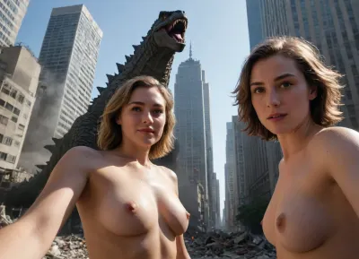 Ultra detailed cinematic scene, three-point perspective, split shadow, dappled bright sunlight through skyscrapers canopy, a happy nude reporter woman doing live broadcast with Godzilla in the background, selfie style, shaky camera, strong shadow, ultimate details, sharp focus, rich color, Nikon D850, Christopher Nolan style, apocalyptic city background, collapsed buildings, debris, rubble, dust, dirt, many people