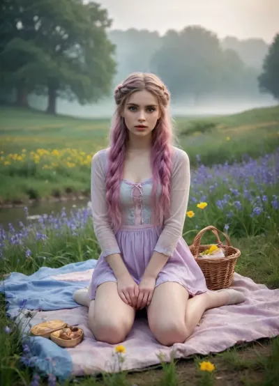2.girls, biopunk style european girl, 25 year old woman, having a picnic on a flower‑filled meadow beside a quiet river, soft morning mist hovers over the water, blurring the far banks and adding a touch of mystery to the scene. One wears a pale‑pink latex and white sneakers, her hair in a loose braid. The other is in a latex patterned socks, her hair gently tousled by the breeze. Nearby, there’s a wicker basket of dildos and condoms. Around them&nbsp;—&nbsp;a carpet of buttercups and bluebells, fine blades of grass glistening with dew. Style&nbsp;—&nbsp;realistic, pastel palette with warm golden highlights peeking through the mist, highly detailed textures, cinematic composition.