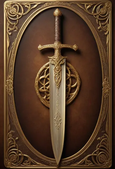 Tarot Card Style, brown background, longsword, sparkle, GOLD celtic knot border, masterpiece, official art, <lora:DUSK_XL_TAROTCARD_dadapt_cos_5e4:.8>