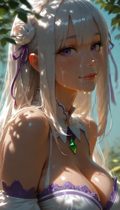 Adult Emilia from Re, Zero, dressed, solo, looking at viewer, smiling, cum on face. Cumshot. Cum on neck. Cum dripping from face. Cum dripping from side of mouth. Cum on shoulder. Cum on tits. Dripping cum. side view bright aqua background with leaves., (dappled light, dappled sunlight), . Photorealistic, Hyper-detailed, 8k resolution, Sharp focus, Masterpiece, Extremely high fidelity, (perfect detailed face), (high realistic), (extreme realism), (dappled light, dappled sunlight), Natural blemishes, freckles, moles, discolorations, Subsurface scattering, ., <lora:MJ52:1.5>, <lora:attractive_notrigger:1.4>, <lora:BUT_SDXL_SHS:1.2>, <lora:Jeweled eyes-NAI:1.9>, <lora:dark:.9>