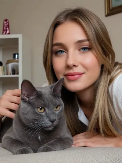 Нарисуй меня и мою любимую еоьусю Г рецси моя Котя русская голубая кошкаи меня добавь я тоже красивая и рядом с кошкой