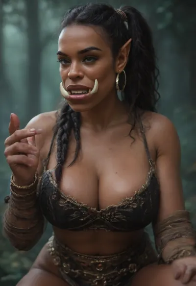 ((photorealistic)), (Ultra Hd, 8k, 4k, ultra realistic, masterpiece, highly detailed, high res), (((look at my prompts:1.9))), (((Respect my prompts:1.9))), in a dark foggy Forrest, (Beautiful dark skin orc female:1.5), ((((orc female from World of warcraft:1.4)))), ((she has big long orc tusks)), wearing heavy orc armour, massive boobs, massive round breasts, perfect boobs, extremely large boobs, voluptuous, she is squeezing her breasts together, on her knees, twintails, (extremely big golden hoop earrings:1.3), massive golden hoop earrings, ultra detailed face, hdr, perfect limbs, 5 finger on each hand, <lora:add-detail-xl:2>, <lora:BUT_SDXL_SHS:2>