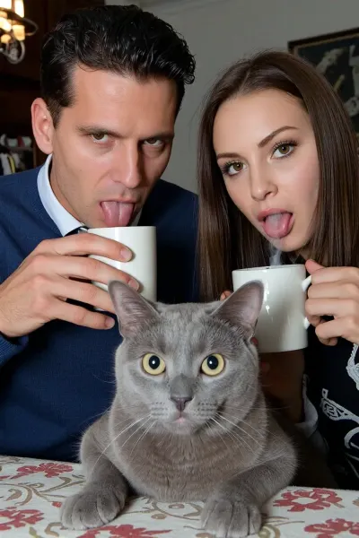 Я и Слава и Котя русская голубая пьём чай из чашки дымока Котя очень красивачрусская голубая муж с чёрными волосами а я с прямыми и большими карими глазами
