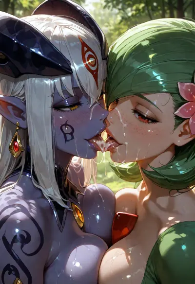 2girls, cum on nose, (facial), upper body shot. view from front above, alipheese XVI fateburn, lamia with purple skin, Gardevoir from Pokemon. Both are wearing their outfits, one breast is naked and out of dress. upper body photo, kissing tongues, saliva, open mouth, tongue out, lips, licking, SMILE, seductive, half-closed eyes, cum dripping from side of mouth, cum dripping from tongue, facial, FACIAL CUMSHOT. CUM ON FOREHEAD. smile, horny face, naughty face, blushing, (dappled light, dappled sunlight), Dripping cum., cum on shoulders . Cum on neck., (perfect detailed face), (perfect mouth), (perfect lips), cum on tongue., cum dripping from side of her mouth, cum on small tits, cum on shoulders . Cum on neck. cum on nose, ___________Photorealistic, Hyper-detailed, 8k resolution, Sharp focus, Masterpiece, Extremely high fidelity, (high realistic), (extreme realism), Natural blemishes, freckles, moles, discolorations, Subsurface scattering, ., young beautiful girls, natural lips., <lora:add-detail-xl:1.2>, <lora:attractive_notrigger:1.2>, <lora:detailed_notrigger:1.2>, <lora:LCMTurboMix_Euler_A_fix:1.2>, <lora:dark:1.2>