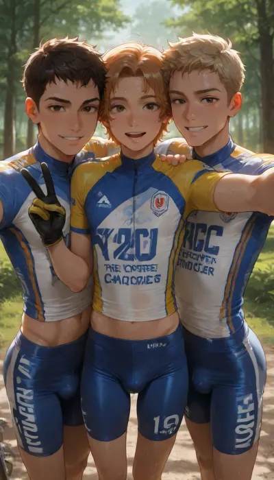 3 boys, gay, yaoi, 18 years old, masterpiece, explicit, blonde and brown and ginger hair, brown eyes, skinny, petite, semi athletic, ((three cyclist boys taking a selfie together)), in nature, white and blue Tight cyclist jerseys, cyclist gloves, happy, peace sign, studio soft light, sweaty, bright light patches, light caustics, Dynamic angle, best quality, amazing quality, high contrast, volumetric lighting, intricate details
