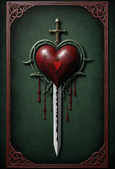 Tarot Card Style, dark green background, darkred heart, black sword piercing heart blood drips from heart, border black celtic knot, masterpiece, official art, <lora:DUSK_XL_TAROTCARD_dadapt_cos_5e4:.8>