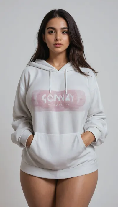 gorgeous latina, random facial features, thick, long straight hair, gorgeous face, bottomless, thick thighs, wide hips, baggy oversized hoodie sweater, perfect face, huge hips, huge breast, pokies, erect covered nipples, standing, white background