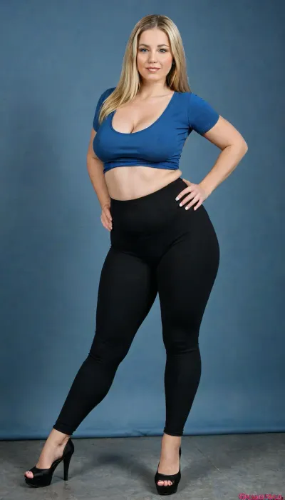 45 years old, beautiful, blonde, chubby, small saggy tits, flat ass, square hips, shapely legs, fupa, long straight hair, camel toe, leggings and shirt, tight clothes, high heels, cleavage, slutty, made up like a whore, seducing, front view, full body, hip tilt, night club