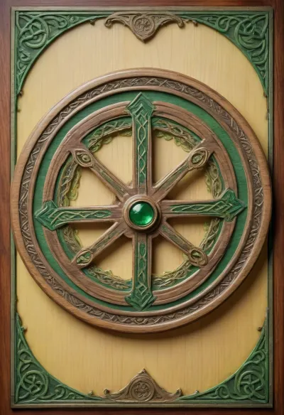Tarot Card Style, pale yellow BACKGROUND, wooden cartwheel, sparkle, border green, celtic knot, masterpiece, official art, <lora:DUSK_XL_TAROTCARD_dadapt_cos_5e4:.8>