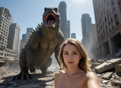 Ultra detailed cinematic scene, three-point perspective, split shadow, dappled bright sunlight through skyscrapers canopy, a happy nude reporter woman doing live broadcast with Godzilla in the background, selfie style, shaky camera, strong shadow, ultimate details, sharp focus, rich color, Nikon D850, Christopher Nolan style, apocalyptic city background, collapsed buildings, debris, rubble, dust, dirt, many people