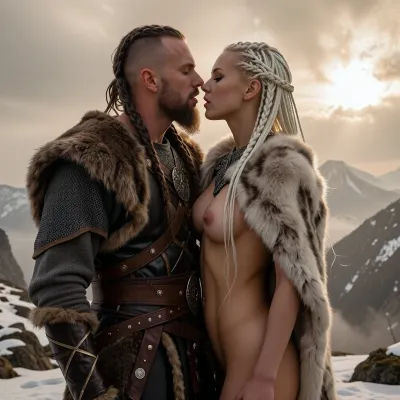 SPECIALS, masterpiece, ultra high quality, photorealistic cinematic photograph, geringe Schärfentiefe, warme filmische Farbkorrektur, SETTING, (Hintergrund ist ein schneebedeckte Gebirge, sehr neblig, Sonne scheint durch dichte Wolken, Wikinger mit lange geflochtenen Bart, Wikinger trägt Wikinger Lederrüstung, Wikinger trägt Pelz Umhang

18 jährige atemberaubende Schönheit Helga, muskulöser Körper, niedlich, glänzendes weißes box braids Haarschnitt, undercut Haarschnitt, klare tiefblaue Augen, kleines Gesicht, kleines Kinn, tiefe Stirn, kleine Hüfte, schlanke Beine, schmale Taille, Stupsnase, schmale Wangenknochen, schmale Lippen, sehr blasse Haut, riesige spitze Brüste, heavy doll-face Make-up, cat-eye Mascara, jung), OUTFIT, (((Lilly trägt einen Fellumhang))), POSE, ((((Lilly und Wikinger stehen sich gegenüber, Mann fässt mit einer Hand ihre Pussy an, sie küssen sich)))), KAMERA, ((((Seitenansicht, weiter Blickwinkel)))), PRIORITY FOCUS