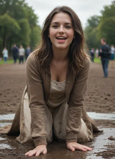 Photographic scene of a 20‑year‑old plump Black woman with a beautiful round face and full lips, wearing everyday clothing, (a dress with an open jacket), . She is at a muddy riverbank and has clearly just slipped and fallen. She is on all fours in thick mud, laughing happily at the situation. Mud splashes around her from the fall. Her face, hair, jacket, dress and skin are heavily covered with sticky mud. The neckline of her dress is muddy from the splash. The mood is humorous and light‑hearted, like a candid funny accident. Natural outdoor lighting, realistic textures, dynamic mud splashes., <lora:Chubby BBW - XL:.8>