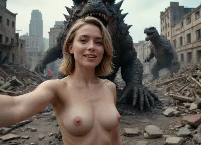 Ultra detailed cinematic scene, a happy nude woman taking a selfie with Godzilla in the background, strong shadow, ultimate details, sharp focus, rich color, Nikon D850, Christopher Nolan style, apocalyptic city background, collapsed buildings, debris, rubble, dust, dirt, many people