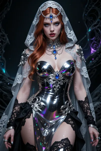 Explicit, (photorealistic:.9), redhead woman is a goddess, with cold dominance and merciless authority, intimidating presence, extreme glam fantasy couture editorial. Her skin appears drenched in liquid chrome, ultra-wet mirror-like sheen, molten metallic gloss flowing across the body, high-reflective oil-slick chrome highlights with prismatic spectral shifts, (obsidian, mercury, sapphire, violet), surface tension like living metal clinging to every curve, hypnotic and dangerous.

Ornate silver filigree hooded cloak worn low and open, heavy and oppressive, sheer lace and translucent fabrics stretched taut over the silhouette beneath, clinging with visible tension, revealing form through gloss and transparency without explicit nudity. Intricate baroque, gothic, and occult-inspired lace patterns wrap the body like symbols of control, metallic embroidery glowing in cold silver, sapphire, and blackened chrome tones. Corseted gown cinched brutally at the waist, sculpting hips and chest, plunging neckline, extreme thigh-high slit, layers of silk, high-gloss satin, latex-like fabric, lace, and chiffon flowing like dark liquid, every surface wet and reflective.

Elaborate jeweled headpiece crowned with a blazing sapphire, crystal chains framing the face like a crown of punishment. Eyes sharp, predatory, and unfeeling, piercing blue-grey gaze filled with cruelty and command. Smoky eye makeup in obsidian, gunmetal, and bruised amethyst, long lashes casting harsh shadows. Lips glossy deep blood-wine crimson, expression cold and merciless. Porcelain skin beneath the chrome sheen appears flawless, godlike, and lethal.

Hands adorned with ornate silver rings posed with deliberate restraint and threat, elegant fingers radiating dominance. Lighting is harsh, sculptural, and high-contrast, carving the body in shadow and chrome highlights, amplifying wet shine, fabric tension, and metallic glare. Background is a dark, oppressive fantasy void with swirling black mist and venomous jewel-toned light, (violet, teal, midnight blue), atmosphere heavy and punishing. Gothic sadistic glamour, forbidden divinity, aristocratic cruelty, extreme wicked elegance, ultra-detailed, photorealistic, cinematic composition, professional studio quality, razor-sharp focus, shallow depth of field, HDR, 8K detail.

woman destroys men in gangbang, woman, (double penetration, dp, anal creampie, ass grab, cum on ass, lots of cum), (gangbang, gand dick, many cocks, bukkake, cum on face, blowjob, deepthroat, balls deep, oral, oral creampie, facial, lots of cum, handjobs), more naked men in the background