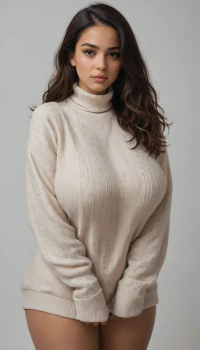gorgeous latina, thick, long straight hair, gorgeous face, bottomless, thick thighs, wide hips, baggy long sweater, perfect face, huge hips, huge breast, pokies, standing, white background