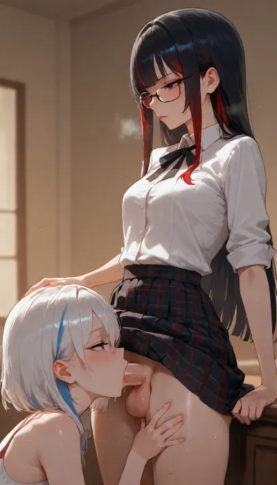 skinny femboy, futa, white hair with red highlights, thick glasses, wearing plaid skirt and white blouse, getting a sloppy blowjob from a girl with black hair and blue highlights