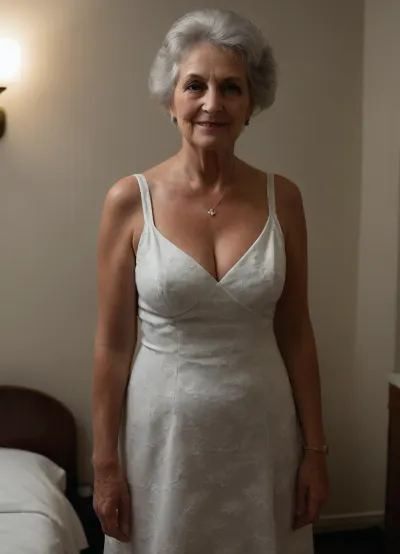 Bedroom, (((hyper-raw, no style, no filter, no blur, candid))), (((most elderly 80 years old busty gradma:1.9))), (busty:1.8), (large breasts), thin, slim, (((short mini modern solid confident white floral pattern dress:1.9))), extremely low dim lighting, (((dark horrifying terrifying midnight))), low bright, dark aura, dark atmosphere, (((chiaroscuro darkness:1.9))), close-up, (((secret forbidden affair:1.9))), conservative smile, lovely, hyper-nursing, she just finished a swinger gangbang, post-orgasm of six in a row, (((lover of plenty men:1.9))), shared pussy, she is a real cockhunter and cockslut