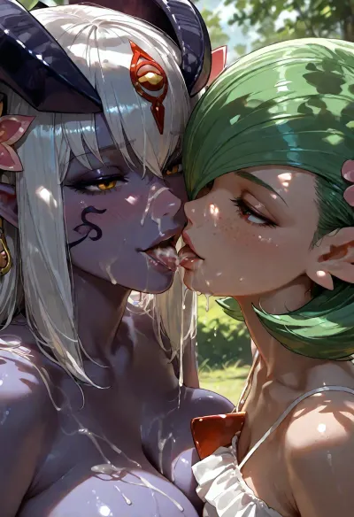 2girls, cum on nose, (facial), upper body shot. view from front above, alipheese XVI fateburn, lamia with purple skin, Gardevoir from Pokemon. Both are wearing their outfits, one breast is naked and out of dress. upper body photo, kissing tongues, saliva, open mouth, tongue out, lips, licking, SMILE, seductive, half-closed eyes, cum dripping from side of mouth, cum dripping from tongue, facial, FACIAL CUMSHOT. CUM ON FOREHEAD. smile, horny face, naughty face, blushing, (dappled light, dappled sunlight), Dripping cum., cum on shoulders . Cum on neck., (perfect detailed face), (perfect mouth), (perfect lips), cum on tongue., cum dripping from side of her mouth, cum on small tits, cum on shoulders . Cum on neck. cum on nose, ___________Photorealistic, Hyper-detailed, 8k resolution, Sharp focus, Masterpiece, Extremely high fidelity, (high realistic), (extreme realism), Natural blemishes, freckles, moles, discolorations, Subsurface scattering, ., young beautiful girls, natural lips., <lora:add-detail-xl:1.2>, <lora:attractive_notrigger:1.2>, <lora:detailed_notrigger:1.2>, <lora:LCMTurboMix_Euler_A_fix:1.2>, <lora:dark:1.2>