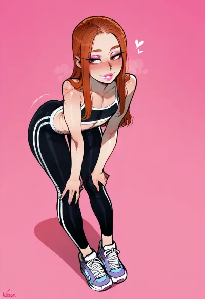 slim, cute, ((incase, melkor_mancin, ratatatat74)), (solo:1), pink makeup, pink lipstick, have wrinkles, young, professional slut, groomed, long hair, tiny flat chest, brown eyes, (ripped, pushups leggings, fitness bra, sneakers), hyper sexualised soft pink background, latina, happy, standing, bent over, show ass