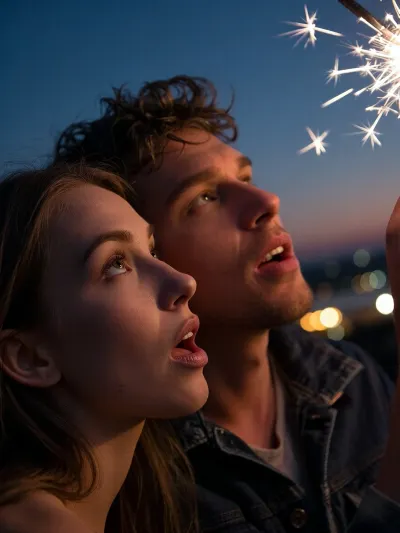 A cinematic ‘Live Photo’-style shot, close-up of an energetic young couple gazing eagerly at the night sky. The girl whispers, ‘Have the fireworks started yet?’, her eyes sparkling with excitement and her lips slightly parted. Cinematic lighting, a soft, warm glow illuminating their faces from below, and deep, cinematic shadows. Ultra-realistic skin texture, individual strands of hair reflecting the surrounding light, and highly detailed professional visualisation. In the background is an atmospheric twilight sky above a festive, blurred city, over which faint sparks are beginning to flare. Photorealism, depth of field, a dramatic, emotional atmosphere, high resolution, ‘masterpiece’ quality.