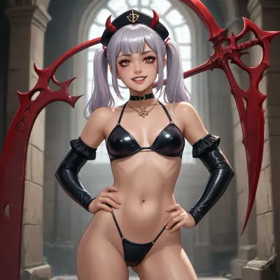 noelle genshin impact from genshin impact dross style reiq meets Devil girl, black long Hair, twin pigtails, red eyes, heavy eye makeup, Sharp teeth, devil horns, dark red skin, dark stripes, pentagram necklace, petite body, athletic Body, skinny, small breasts, Standing in dungeon, Standing guard, Holding big scythe over shoulder, Hand on hip, legs apart, black Latex Bikini, choker, evil grin