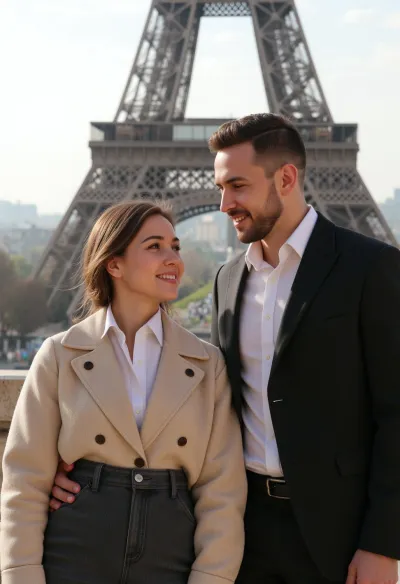 A cinematic, romantic medium shot of a stylish couple in Paris, in which an elegant man leans towards his smiling girlfriend and, with a tender look, asks her if she likes the Eiffel Tower. Highly detailed, emotional facial expressions, hyper-realistic textures of their clothing and skin, in the background — the Eiffel Tower, bathed in bright morning sunlight with sharp shadows, featuring intricate iron latticework and rivets in sharp focus, beautiful bokeh, high resolution a photorealistic masterpiece