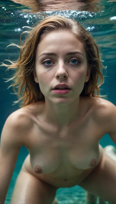 Nude woman under water, kneeling, closeup, eyes open