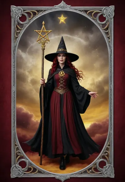 Tarot Card Style, cloudy background, dark red background, black witch eiding yellow broomstick, silver pentagram at bottom, sparkle, border gold celtic knot, serchbythol above masterpiece, official art, <lora:DUSK_XL_TAROTCARD_dadapt_cos_5e4:.8>