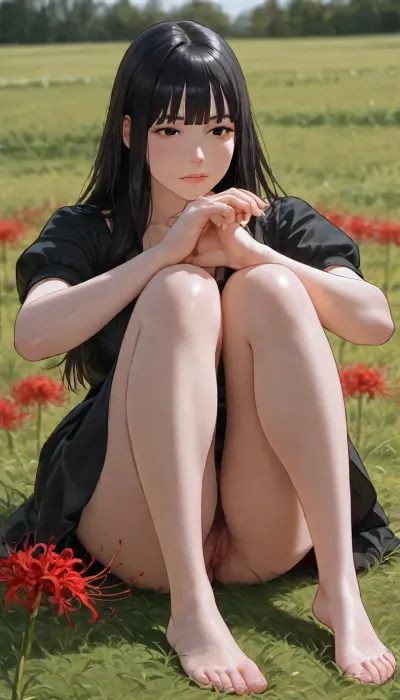 (((best quality:1.4), (ultra highres:1.2), (photorealistic:1.4), (8k, RAW photo:1.2), (full body shot:1.3), _jbright__, 1girl, solo, sitting in the grass, upskirt, hairy pussy, long hair, bangs, black eyes, black hair, black dress, outdoors, realistic, blurry background, Perfect Hands, barefoot, red spider lily, e), <lora:_jbright__-000040:.8>)