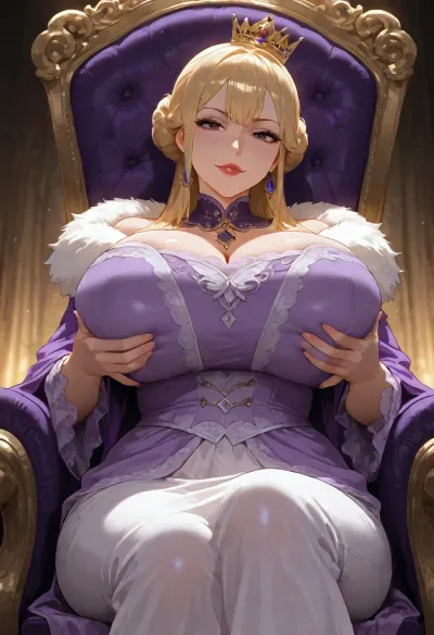 MILF, voluptuous, blond, hair in a bun, red lips, black eyeliner, purple Victorian dress, crown, sitting on a throne, grabbing boobs, licking lips