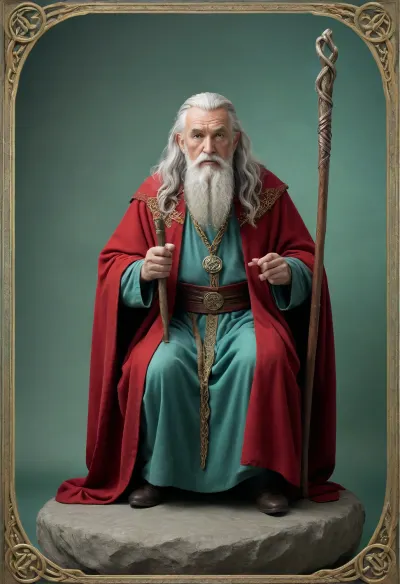 Tarot Card Style, pale blue BACKGROUND, Old man sitting on stone red cloak long grey hair holding twisted walking stick, sparkle, border green, celtic knot, masterpiece, official art, <lora:DUSK_XL_TAROTCARD_dadapt_cos_5e4:.8>